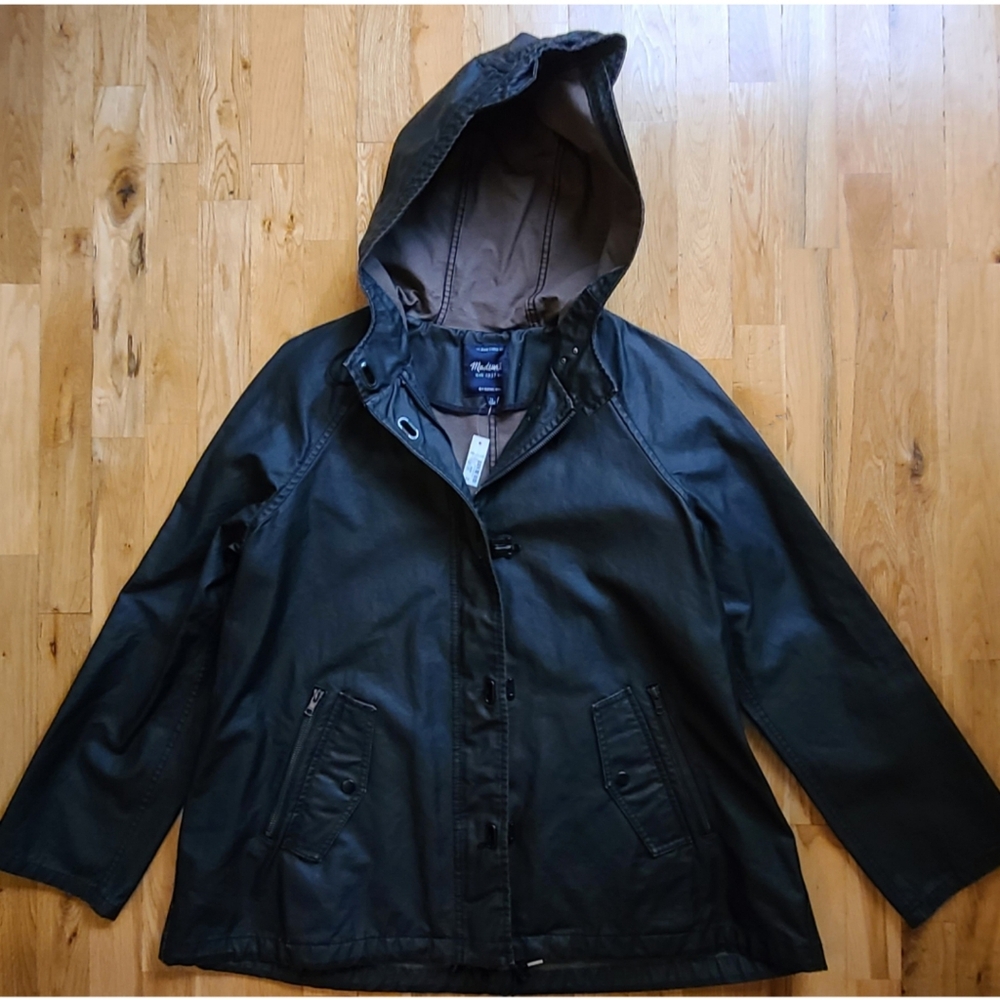 New Madewell Black Coated Distressed Rain Jacket Parka Size Medium